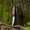 Handmade Bushcraft Knife with texture on the metal, Ashtree and Hornbeam Handle